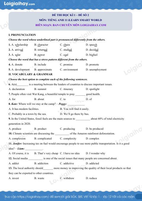 Đề thi học kì 1 Tiếng Anh 11 iLearn Smart World - Đề số 2